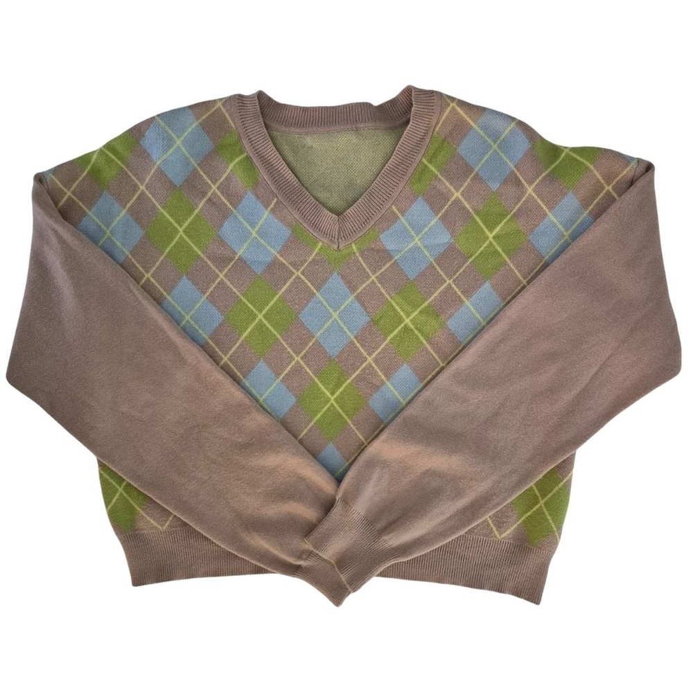 Vintage Argyle Sweater Y2K Academia Aesthetic V-Neck Knit Size Small - Unisex